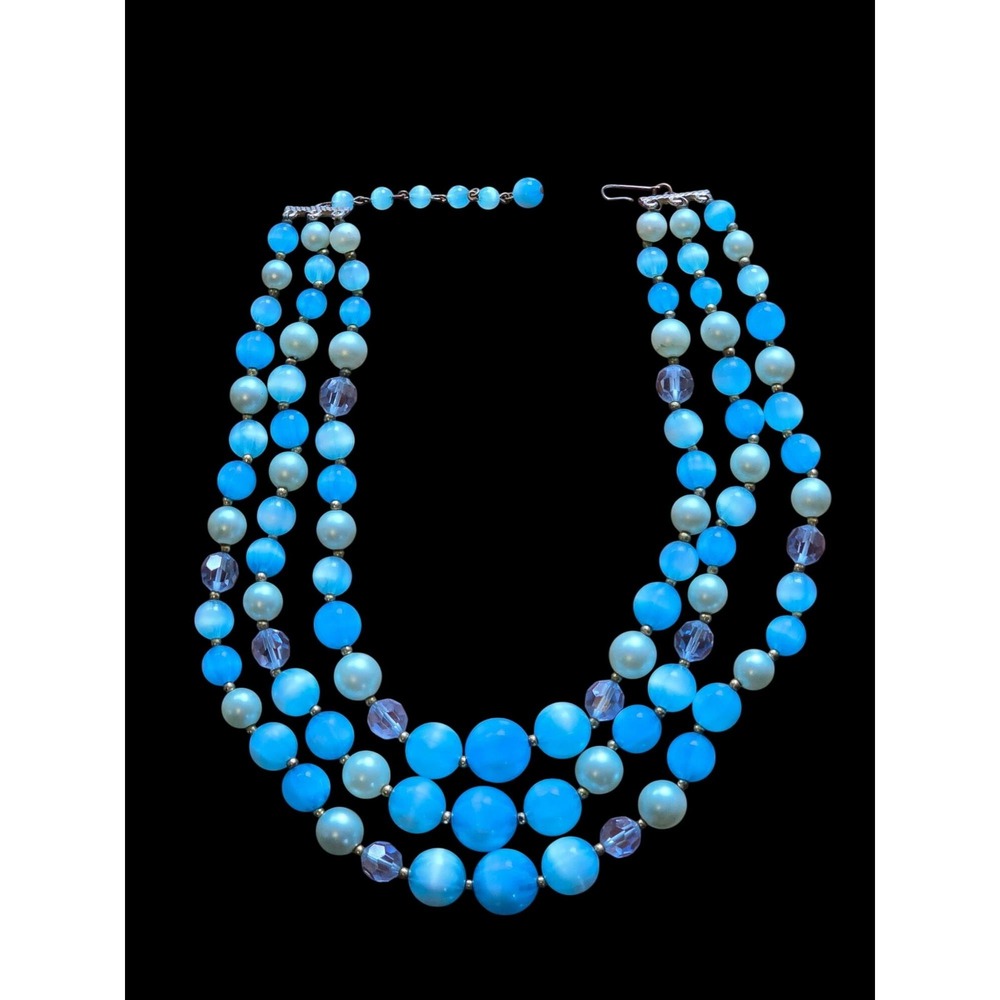 Vintage Lisner Blue Cats Eye Moon Glow Aurora Borealis Triple  Strand Necklace